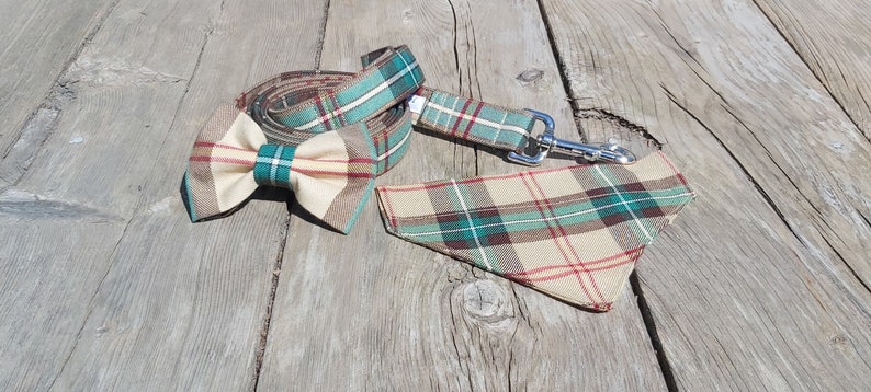 Tartan Dog Bow Tie To Slide on Collar, Saskatchewan Tartan Doggie Bow Tie, Yellow Plaid Pet Accessory, Matching Bow Tie for Dog and Dog Dad image 3