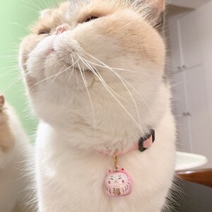 Peut inclure: Un chat blanc et beige portant un collier rose avec un charm rose et dor&eacute;. Le charm est un petit chat souriant avec le kanji japonais pour "fortune". Le chat a les yeux ferm&eacute;s.