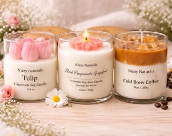 Handmade Soy Jar Candle – Tulip, Floral & Cold Brew Coffee – Natural Glass Candle – Gift Candle