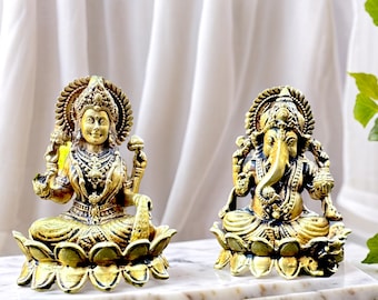 Lakshmi Ganesha Brass Statue Set, Handcrafted, Gods of Prosperity, Luck,Hindu Puja Decor, Diwali Puja, Pure Brass, Ship from US