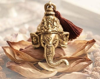 Brass Ganesha Head: Small Indian Religious Ganpati Idol