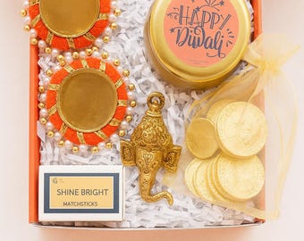 Diwali Gift Box, Festive Diwali Hamper with Diyas, Candle, Chocolate Coins, Matchsticks, Deepavali Decor & Gift Set