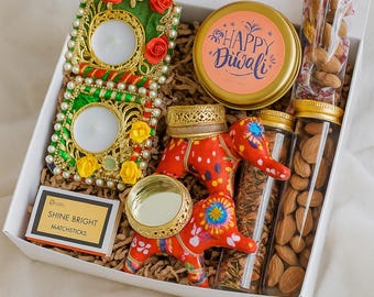 Diwali Gift Box, Festive Hamper with Diyas, Candle, Nuts, Decorative Elephants & Incense, Deepavali Gift Set