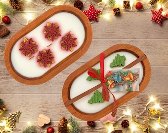 Soy Candle in Wooden Dough Bowl: Christmas Farmhouse Decor Gift