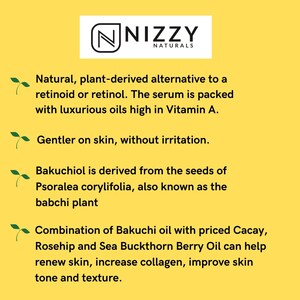 May include: A yellow background with green leaf icons and black text describing a natural, plant-derived alternative to retinol. The text reads "Natural, plant-derived alternative to a retinoid or retinol. The serum is packed with luxurious oils high in Vitamin A. Gentler on skin, without irritation. Bakuchiol is derived from the seeds of Psoralea corylifolia, also known as the babchi plant Combination of Bakuchi oil with priced Cacay, Rosehip and Sea Buckthorn Berry Oil can help renew skin, increase collagen, improve skin tone and texture."