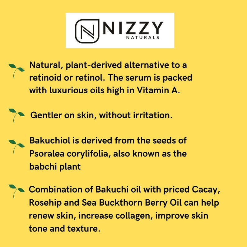 May include: A yellow background with green leaf icons and black text describing a natural, plant-derived alternative to retinol. The text reads "Natural, plant-derived alternative to a retinoid or retinol. The serum is packed with luxurious oils high in Vitamin A. Gentler on skin, without irritation. Bakuchiol is derived from the seeds of Psoralea corylifolia, also known as the babchi plant Combination of Bakuchi oil with priced Cacay, Rosehip and Sea Buckthorn Berry Oil can help renew skin, increase collagen, improve skin tone and texture."