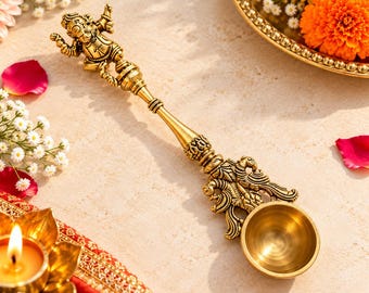 Handcrafted Brass Ganesha Hawan Spoon – Pooja Aarti Accessories, Hindu Ritual Item, Housewarming Spiritual Gift