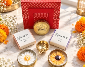 Diwali Gift Box, Diwali Party Favors, Soy Candles, Brass Diya, Handcrafted Soaps, Sweets (Ready-to-Gift)