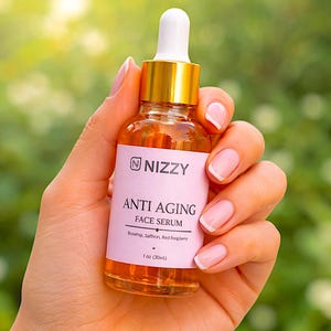May include: A clear glass bottle of anti-aging face serum held in a hand. The bottle has a gold cap and white dropper. The label reads "NIZZY ANTI AGING FACE SERUM" with ingredients listed below. The bottle contains 1 oz (30ml) of serum.