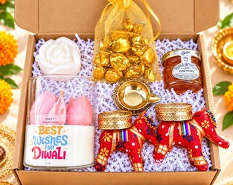Diwali Gift Box with Soy Candle, Elephant Tealight Holders, Brass Diya  & Festive Treats