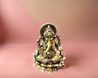 Handcrafted Brass Ganesha Statue: Hindu Puja Decor, Diwali Gift