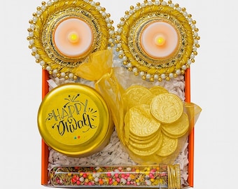 Diwali Gift Box: Tea Light Holders, Chocolate Coins & Mukhwas