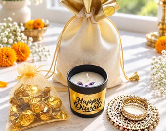 Diwali Gift Set, Return Favors, Soy Candle, Tealight Festive Holders, Brass Diya, Golden Bag