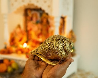 Handcrafted Brass Shankh, Conch, Indian Pooja Decor, Diwali Gift