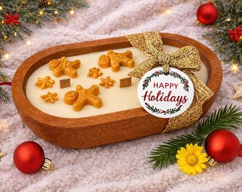 Gingerbread Dough Bowl Candle – Rustic Farmhouse 3 Wick Soy Wax Candle, Christmas Holiday Scented Wooden Bowl, Handmade Home Decor Gift