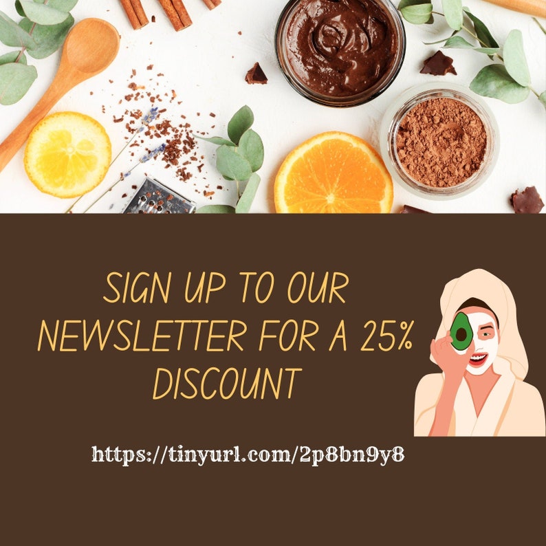 May include: Sign up to our newsletter for a 25% discount.  https://tinyurl.com/2p8bn9y8.  A woman wearing a white robe and a face mask holds a green avocado in front of her eye.  The image is set against a brown background.
