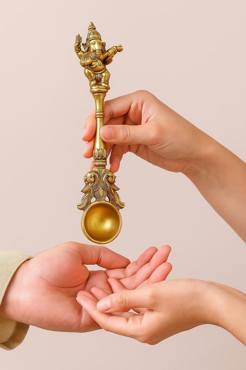 Handcrafted Brass Ganesha Hawan Spoon – Pooja Aarti Accessories, Hindu Ritual Item, Housewarming Spiritual Gift 2 Spoons