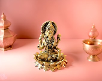 Lakshmi Brass Statue, Handcrafted Goddess of Wealth, Fortune Luck, Prosperity, Hindu Puja Decor, Diwali Puja, Small Brass Idol, Ship from US