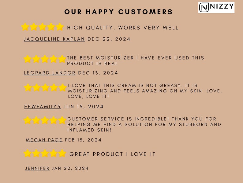 May include: Five-star reviews for a product with positive comments from customers. The reviews highlight the product's quality, effectiveness, and customer service. The reviews include dates and customer names.
