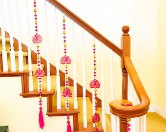 Diwali Decoration, Lotus & Pompom Hanging Set, Decorative Hanging for Diwali, Puja Room Deco, Wedding, Parties Hangings, Set of 5