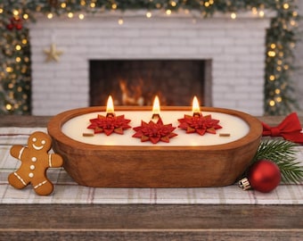 Christmas Dough Bowl Candle | Vegan Soy Wax 16 oz Rustic Farmhouse | Holiday Scented Wooden Bowl 3 Wick | Handmade Cozy Home Decor Gift