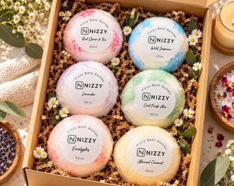 Handmade Vegan Bath Bomb Gift Set, Spa Self Care Box (6 Pack)