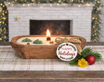 Rustic Holiday Wooden Bowl Candle - Soy Candle, Cozy Farmhouse Gift for Her, Christmas Decor