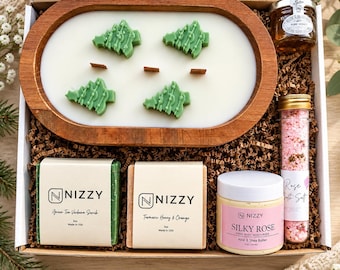 Cozy Christmas Gift Box for Her, Wooden Bowl Candle, Skincare & Spa Treats