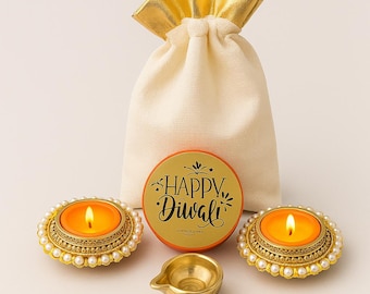 Diwali Gift Set, Soy Candle, Elephant Tealight Holders, Festive Holders, Brass Diya, Golden Bag