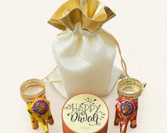 Diwali Gift Set: Soy Candle, Elephant Tealight Holders, Golden Pouch