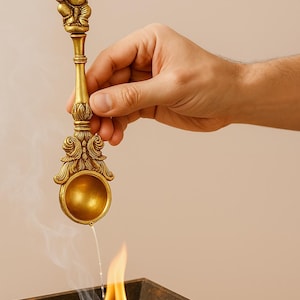 Handcrafted Brass Ganesha Hawan Spoon – Pooja Aarti Accessories, Hindu Ritual Item, Housewarming Spiritual Gift image 1