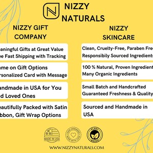 May include: Yellow and white graphic with the text "Nizzy Naturals" and "Nizzy Gift Company" and "Nizzy Skincare". The graphic lists the benefits of the company's products, including free fast shipping, personalized cards, handmade in the USA, and plant-based ingredients.