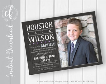 May include: Black and white baptism invitation with a photo of a young boy in a suit. The invitation reads "Houston Jack Wilson Baptized" and includes the date and time of the event.
