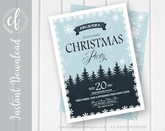 Puede incluir: Una invitación a una fiesta de Navidad azul y blanca con un fondo de bosque nevado. El texto dice "Join us for a Wilson Family Christmas Party, Wed 20 Dec, Twenty Seventeen at 6:00 PM, Family Games, Food & Appearance from Santa Clause".