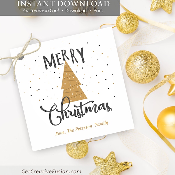 Gold Christmas Gift Tag, Merry Christmas Tag, Gold Tree Gift Tag, Printable Christmas Tree Tag, Christmas Gift Tag Template