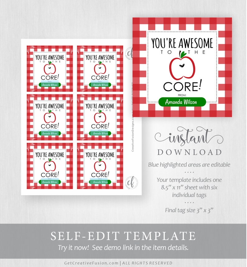 Op de afbeelding: Printbare bedankkaartjes voor leerkrachten met een rood-witte ruitjesachtergrond. De kaartjes bevatten een rode appel met een groen blad en de tekst "You're Awesome to the Core!" met ruimte voor de naam van een leerkracht.