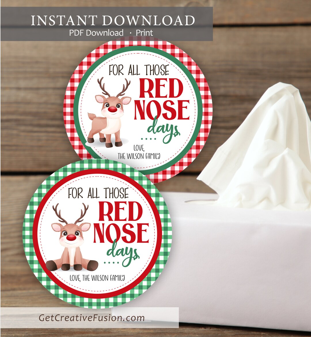 Printable Red Nose Reindeer Tag, Rudolph Christmas Tag, Tag for Gifting Tissues, Neighbor ...