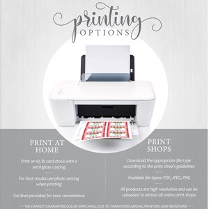 Op de afbeelding: Een witte printer met een vel papier in de lade. De printer print een set rode en witte cadeau-etiketten. De tekst op de etiketten luidt "Merry Christmas". De afbeelding bevat tekst die "Print at Home" en "Print Shops" luidt met instructies voor het printen thuis en in een printshop.