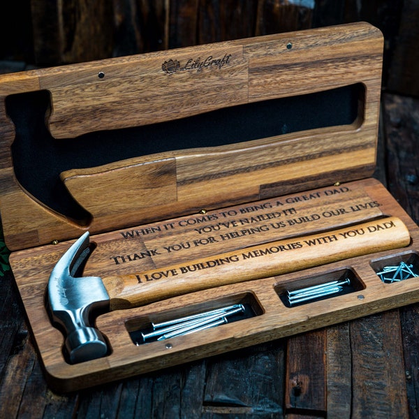 Hammer Gift Set with Wooden Box and Nails. Personalised Engraved Fathers day gift hammer.