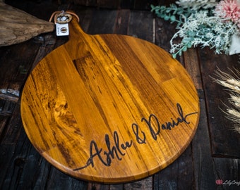 Custom Engraved Cheese Board. Personalised Round Cutting Board.