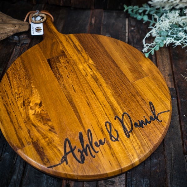 Custom Engraved Cheese Board. Personalised Round Cutting Board.