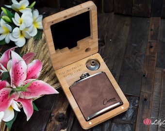 Leather Hip Flask Personalized Groomsmen Gift Set with Wooden Box