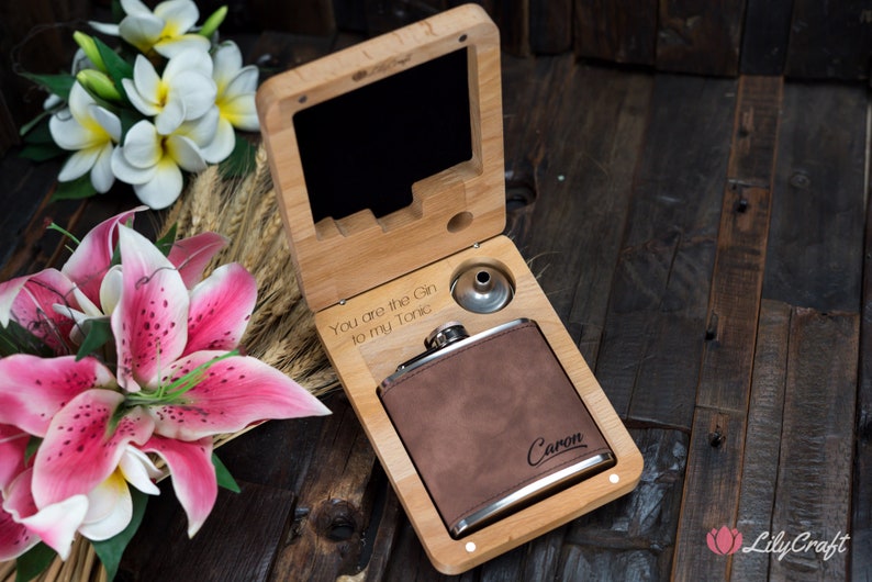 Leather Hip Flask Personalized Groomsmen Gift Set with Wooden Box image 1