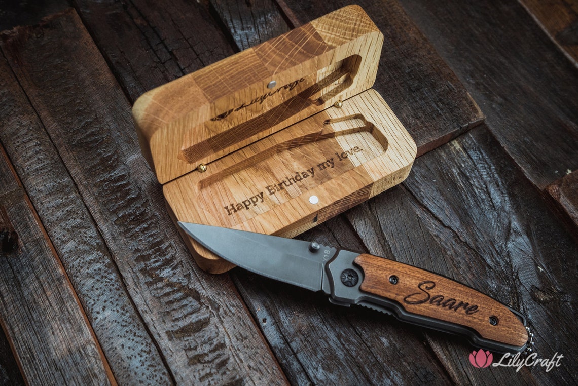 Pocket Knife gift set with wooden gift case. Personalised Etsy
