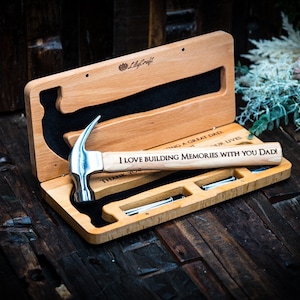 Hammer Gift Set with Wooden Box and Nails. Personalised Engraved Fathers day gift hammer.