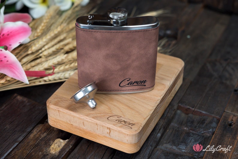 Leather Hip Flask Personalized Groomsmen Gift Set with Wooden Box image 4