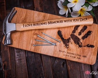 Hammer Gift Set Engraved with actual hand print scan of your child. Personalised Engraved Fathers day gift hammer.