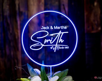 Modern Blue Neon Wedding Cake Topper: Azure Brilliance