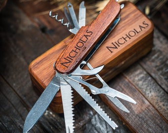 Engraved Swiss Pocket Knife – Groomsmen Gift, Best Man Gift, Father of the Bride Gift, Personalised Knife with optional Wood Gift Box