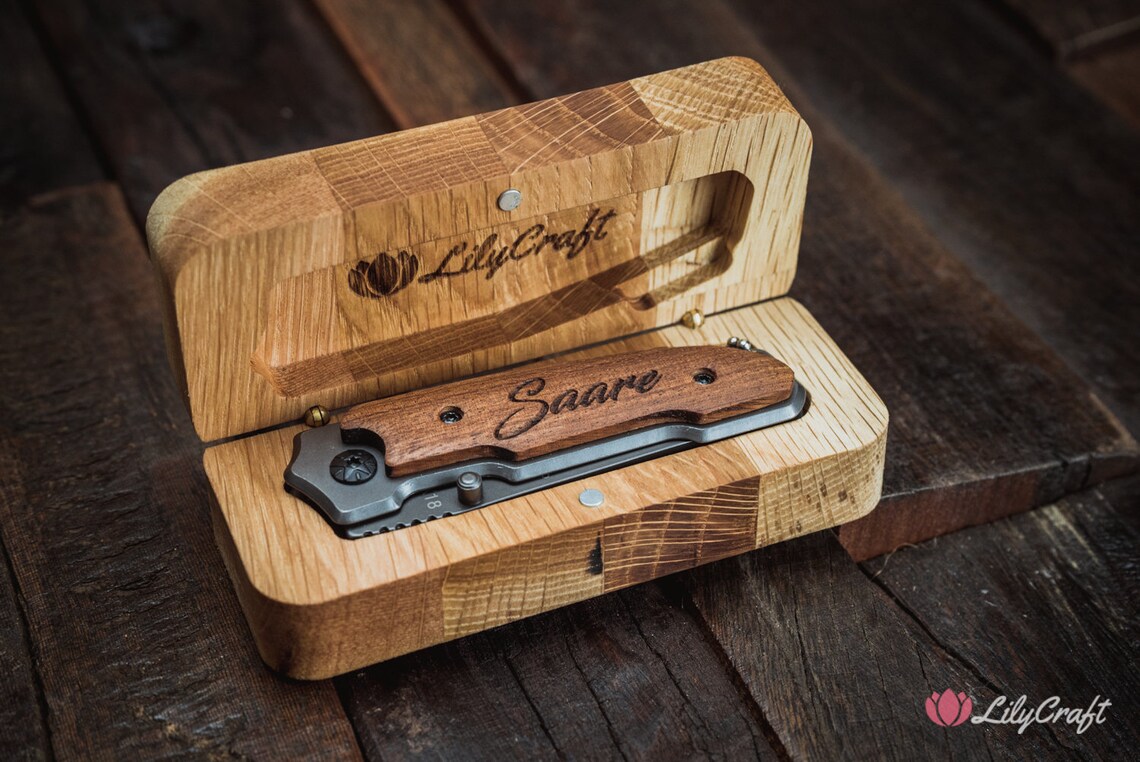 Pocket Knife gift set with wooden gift case. Personalised Etsy